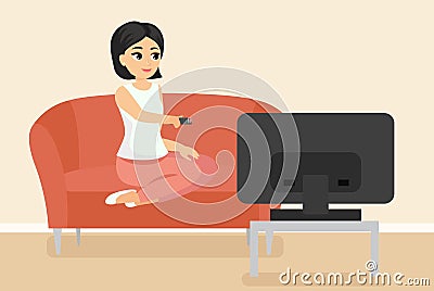 Vector illustration of woman sitting on couch watching TV. Young adult girl on sofa in front of television screen in Vector Illustration