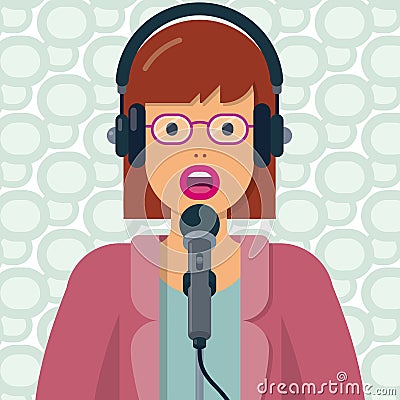 Woman speaking into microphone and wearing headphones Vector Illustration
