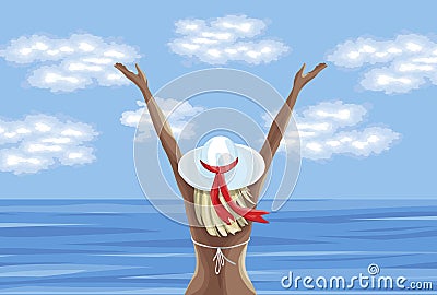 Woman in swimsuit enjoying summer time and looking at the sea Vector Illustration