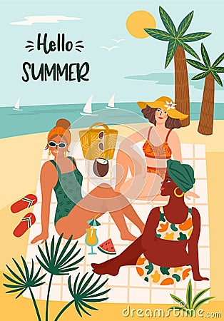 Vector illustration of woman in swimsuit on tropical beach. Summer holliday, vacation, travel. Vector Illustration