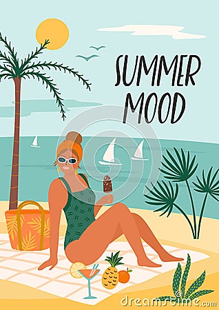 Vector illustration of woman in swimsuit on tropical beach. Summer holliday, vacation, travel. Vector Illustration