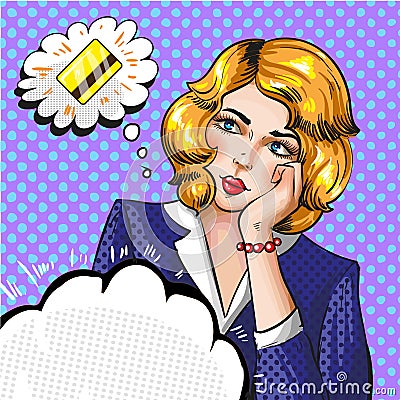 Vector pop art illustration of woman thinking about credit card Vector Illustration