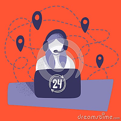 Vector illustration of a woman workinr in a call center with logistics. Colored vector illustration in flat cartoon style Cartoon Illustration