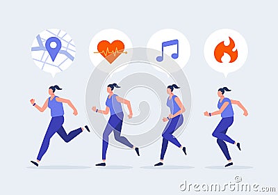 Women jogging character with smartwatch. Using a navigation, health, exercise app. Healthy lifestyle with technology devices conce Vector Illustration