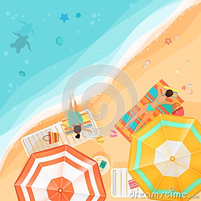 Vector illustration of women lying and relaxing on the beach near the ocean from above. Summer beach top view. Vector Illustration