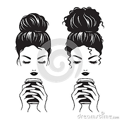 Woman with Messy Bun Holding a To Go Coffee Cup Silhouette Vector Illustration