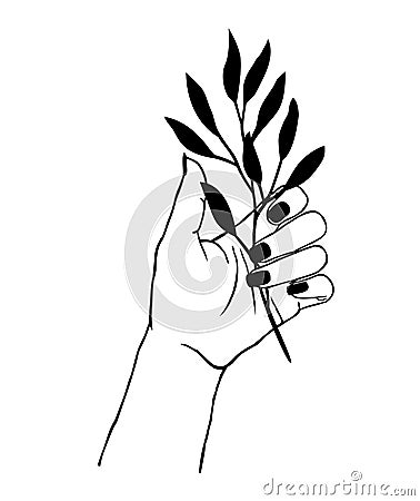 Vector illustration of women`s hand holding plant. Trendy linear and minimal boho tattoo style for logo, emblem, t-shirt fashion Vector Illustration