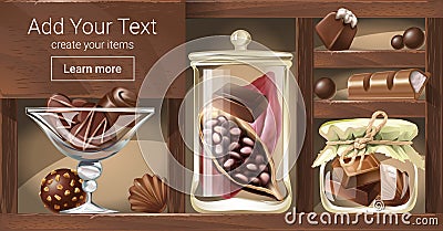 Vector illustration of a wooden rack with glass jars, a bowl filled with chocolate candy, pieces of chocolate Vector Illustration