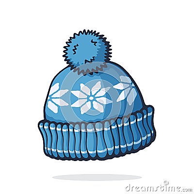 Vector illustration. Wool winter hat with pompon. Headdress for cold weather. Graphic design with contour Vector Illustration