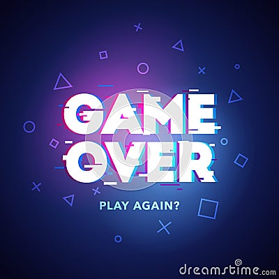 Vector Illustration word Game Over - Play Again in cyber noise glitch design. For games, banner, web pages. Three color half-shift Vector Illustration