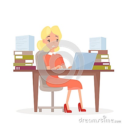 Vector illustration of working business woman at the desk with laptop and lot of papers. Woman in office in stress Vector Illustration