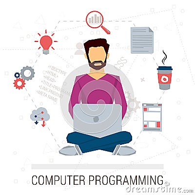 Vector illustration of working programmer Cartoon Illustration