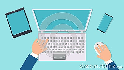 Vector illustration workplace desk of a man businessman with modern digital computer laptop with mouse and keyboard, tablet Vector Illustration