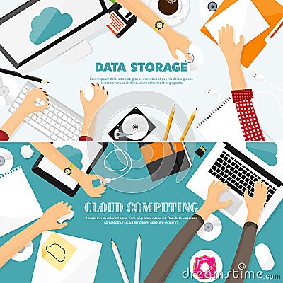 Vector illustration. Workplace, table with documents, computer. Flat cloud computing background. Media, data server. Web Vector Illustration