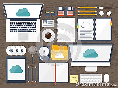 Vector illustration. Workplace, table with documents, computer. Flat cloud computing background. Media, data server. Web Vector Illustration