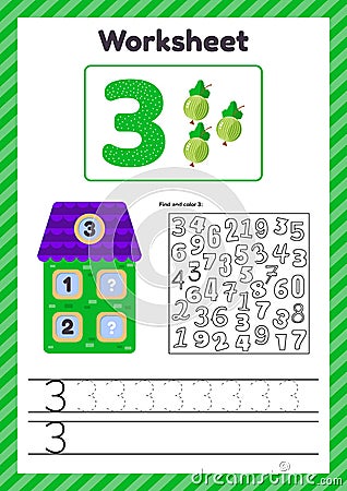 Vector illustration. Worksheet count for kids. Berry. House. Number bonds. Trace line. The study of mathematics for children of Stock Photo