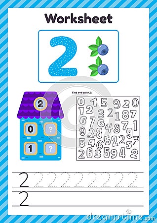 Vector illustration. Worksheet count for kids. Berry. House. Number bonds. Trace line. The study of mathematics for children of Stock Photo