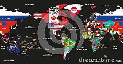 Vector illustration of world map jointed with national flags with countries and oceans names centered by America Vector Illustration