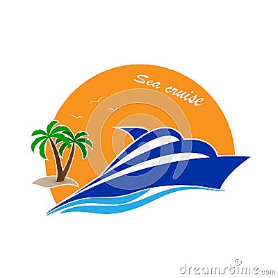 Vector illustration of a yacht on the background of a sunset and an island with a palm tree for logo, posters, banners and theme Vector Illustration