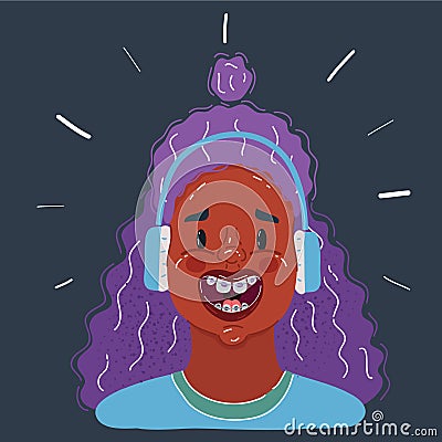 Vector illustration of young afro teen face listening to music on dark backround. Vector Illustration
