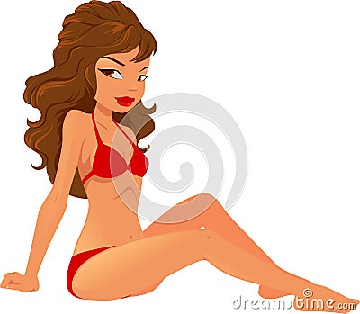 Vector illustration of a young brunette woman sitting wearing a red bikini Vector Illustration