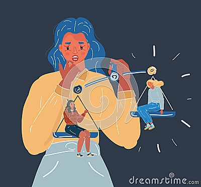 Vector illustration of young businesswoman conducting a job interview holding scale with two potential female candidate Vector Illustration