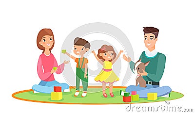 Vector illustration of young family with kids home playing on the carpet with baby boy and little girl. Parents with Vector Illustration