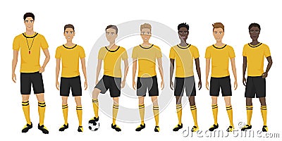 Vector illustration of the young football players team with coach trainer wearing the uniform. Soccer team. Vector Illustration