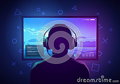 Vector Illustration Young Gamer Sit In Front Of A Screen And Playing Video Game. Wearing Headphone. Vector Illustration