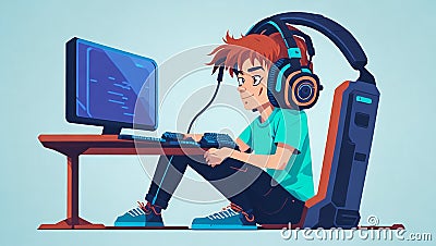 Vector Illustration Young Gamer Sit IN Front Of A Screen And Playing Video Game. Wearing Headphone. Stock Photo