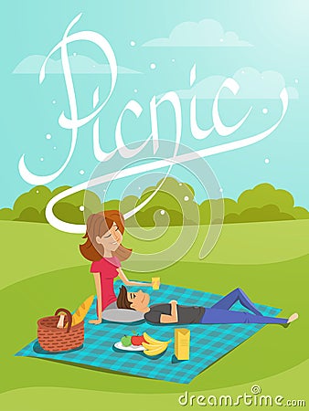 Vector illustration of young happy couple having picnic in the p Vector Illustration