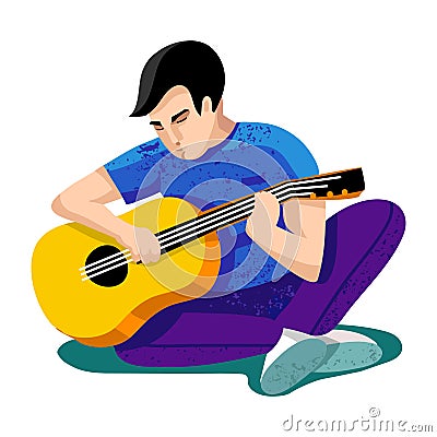 Vector illustration. young man - boy, teenager - play on guitar. University students. Students sitting on grass. Friends Cartoon Illustration