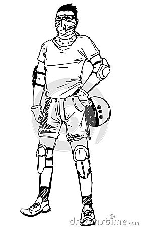 Vector young man with covered face wearing fictional protective extreme sport gear and holding the helmet Vector Illustration