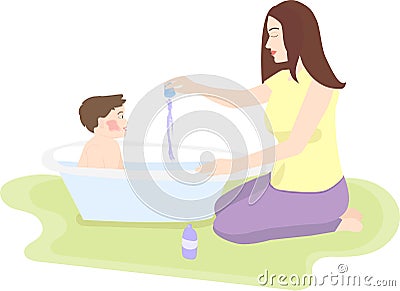 Vector illustration of a young mother bathing her son in the bathroom. Adds to the water, emollient, cure for dermatitis and Cartoon Illustration