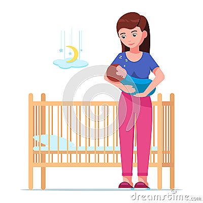 Woman holding a sleeping baby next to a baby crib Vector Illustration