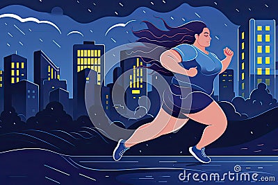 Vector illustration with a young obese woman running against the background of a night city Cartoon Illustration