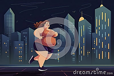 Vector illustration with a young obese woman running against the background of a night city Cartoon Illustration