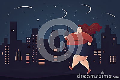 Vector illustration with a young obese woman running against the background of a night city Cartoon Illustration