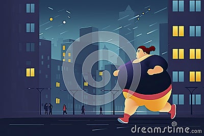 Vector illustration with a young obese woman running against the background of a night city Cartoon Illustration