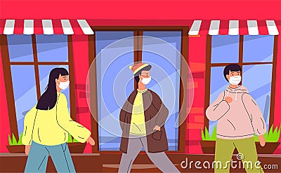 Vector illustration of young people in face medical mask walking in public place during pandemia Vector Illustration