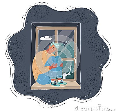 Vector illustration of young teenager is sitting on a window and into deeply thinking. Vector Illustration