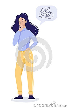 Vector illustration of a young woman with bewildered thoughts in her mind. Vector Illustration