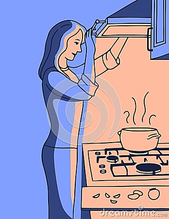 Vector illustration of a young woman cooking under the light of the lamp bulb from the hood at night. Woman cook soup Vector Illustration
