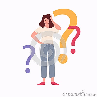Young girl surrounded by a question mark. Vector illustration, Young woman doubts and questions everything. Vector Illustration