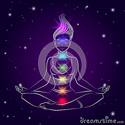 Vector illustration of a young woman in lotus pose with highlighted chakra colors. Line art Vector Illustration