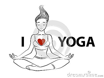 Vector illustration of a young woman in lotus pose with text I love yoga. Line art Vector Illustration