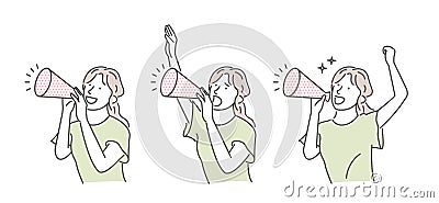 Vector illustration of a young woman making a loud voice using a megaphone Vector Illustration