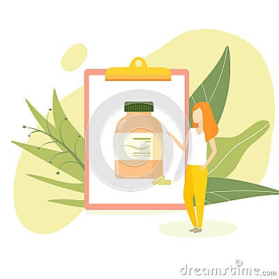 Vector illustration young woman nutritionist pointing at clipboard with bottle with dietary supplement. Healthy balanced diet Vector Illustration