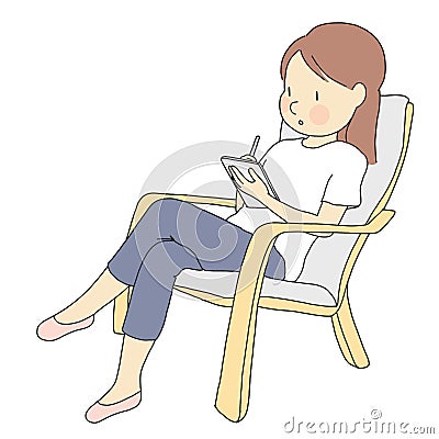 Vector illustration of young woman playing digital tablet with stylus pen Cartoon Illustration