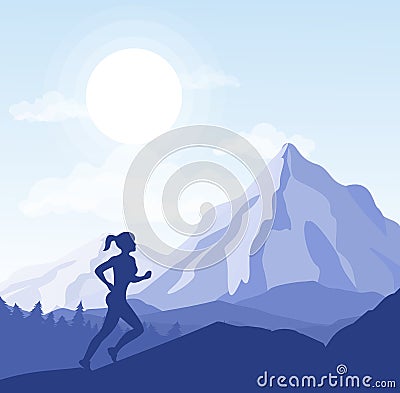 Vector illustration of young woman running in the mountains. Sport, health life concept, girl silhouette going to the Vector Illustration